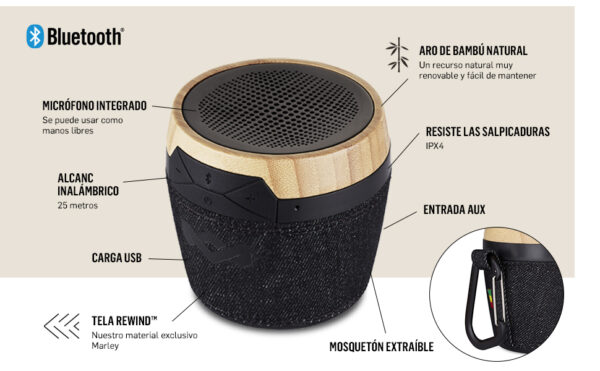Marley em-ja007- parlante 6 hs de autonomia, con microfono y anillo bamboo - Imagen 2
