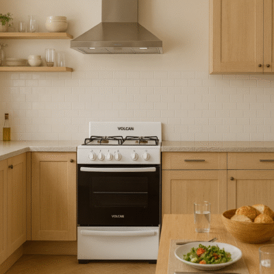 Volcan 87643v cocina 55 cm con visor, 4 hornallas, multigas, blanca, autolimpiante, con encendido.