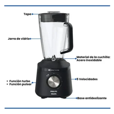 Philips hr-2262/90 licuadora 5 velocidades 2lts. jarra de vidrio 700w.